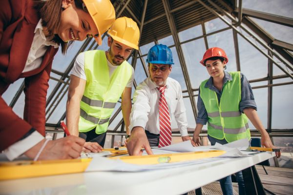 Three construction workers in hard hats and safety vests collaborating on a project in Brooklyn, NY, representing Greater Mansion.