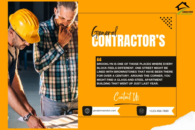 Greater Mansion's website for a New York general contractor, featuring project portfolios and service information.