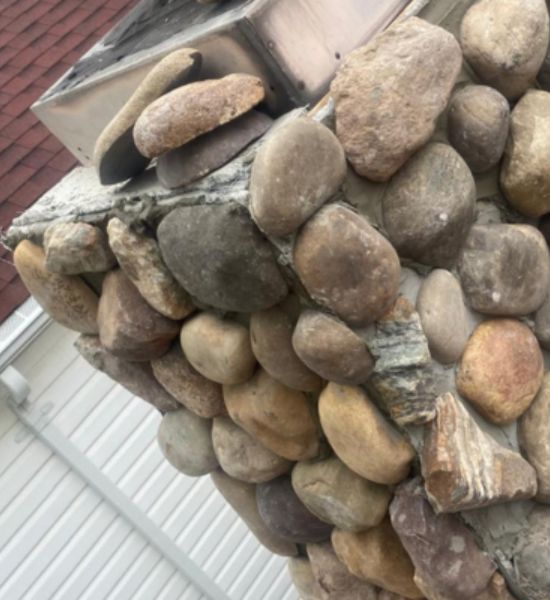 A sturdy chimney adorned with rocks, representing Greater Mansion's commitment to quality in construction and roofing services.