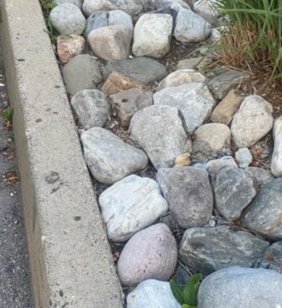 A landscaped curb featuring rocks and plants, positioned before the Greater Mansion, highlighting its architectural design.