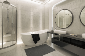 A stylish modern bathroom with a large bathtub and two mirrors, reflecting a sophisticated and functional design.