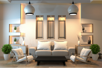 A modern living room featuring elegant white furniture and stylish lamps, showcasing a sophisticated design aesthetic.