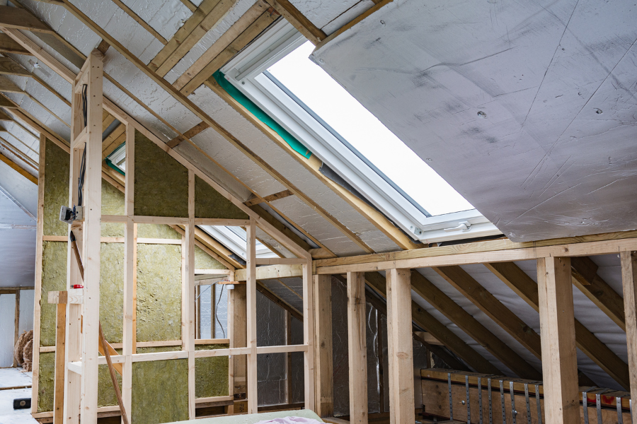 Interior view of a room with a skylight and insulation, highlighting Greater Mansion's expertise in construction and remodeling in Brooklyn.