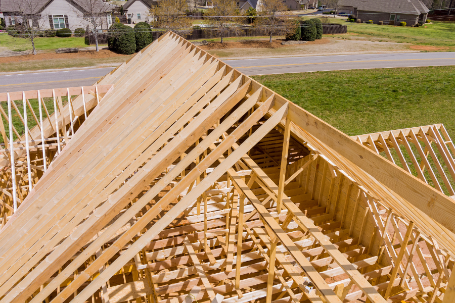 The roof of a house being built in Brooklyn, NY, highlighting Greater Mansion's construction expertise.